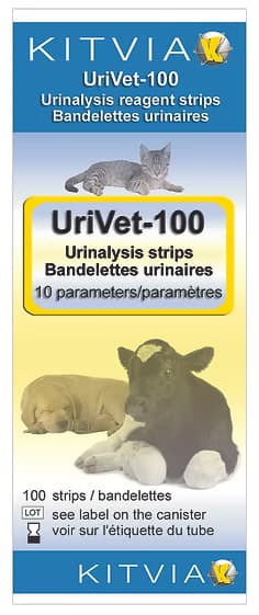 Boîte Kitvia UriVet-100 bandelettes urinaires vétérinaires 10 paramètres pour chien chat et veau.