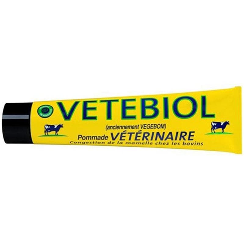 Tube de 100 g de pommade vétérinaire VETEBIOL jaune, soin pour la congestion de la mamelle chez les bovins certifié Agriculture Biologique.