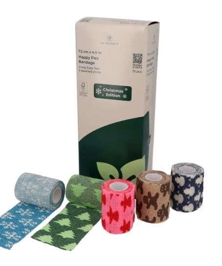 Boîte de 10 bandes cohésives Vetnordic Happy Flex Bandage 7,5cm motifs noël sapin flocon pansement chien chat