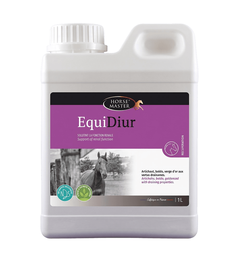 Flacon blanc de 1 Litre de drainant hépato-rénal EquiDiur Horse Master pour cheval.