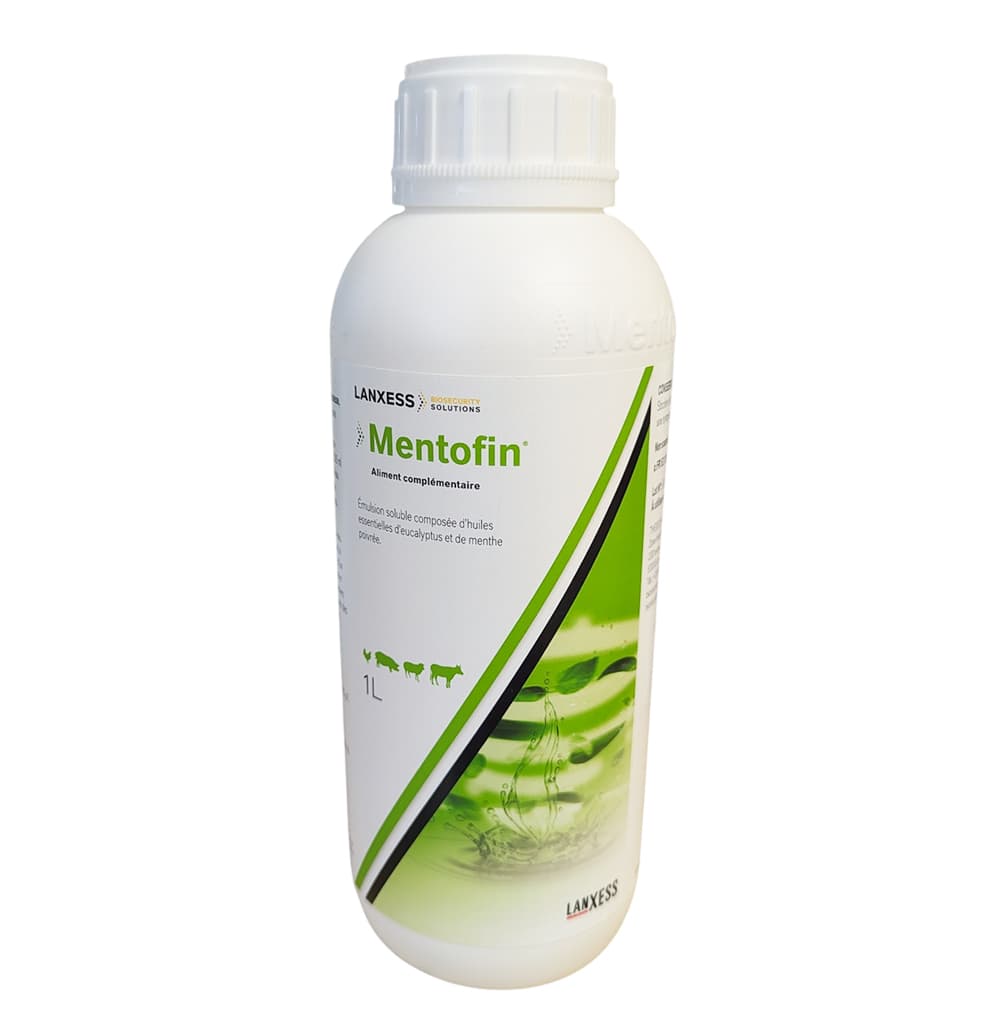 Bidon blanc de 1 litre de Mentofin LANXESS, émulsion soluble aux huiles essentielles de menthe et d'eucalyptus pour le soutien respiratoire des animaux d'élevage.