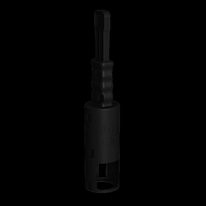 Piège mécanique noir pour campagnols, structure cylindrique avec poignée d'armement supérieure et clapet à ressort haute sensibilité.