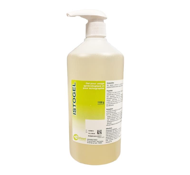 Flacon de 1110g de gel ISTOGEL Coophavet, gel lubrifiant aqueux pour usage gynécologique et échographie avec pompe doseuse blanche.