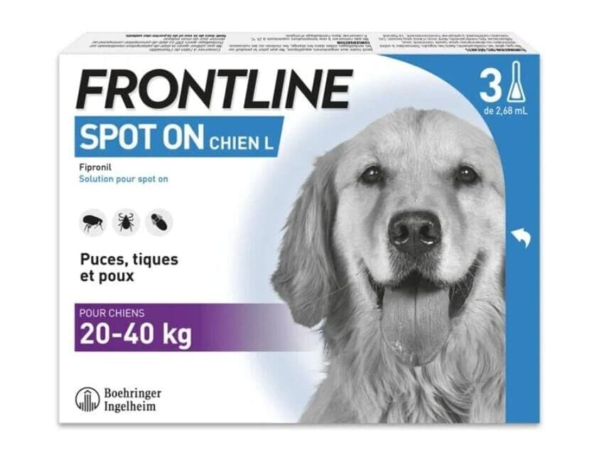 Boîte blanche et bleue de Frontline Spot On Chien L contenant 3 pipettes de traitement anti-puces et anti-tiques pour grand chien de 20 à 40 kg.