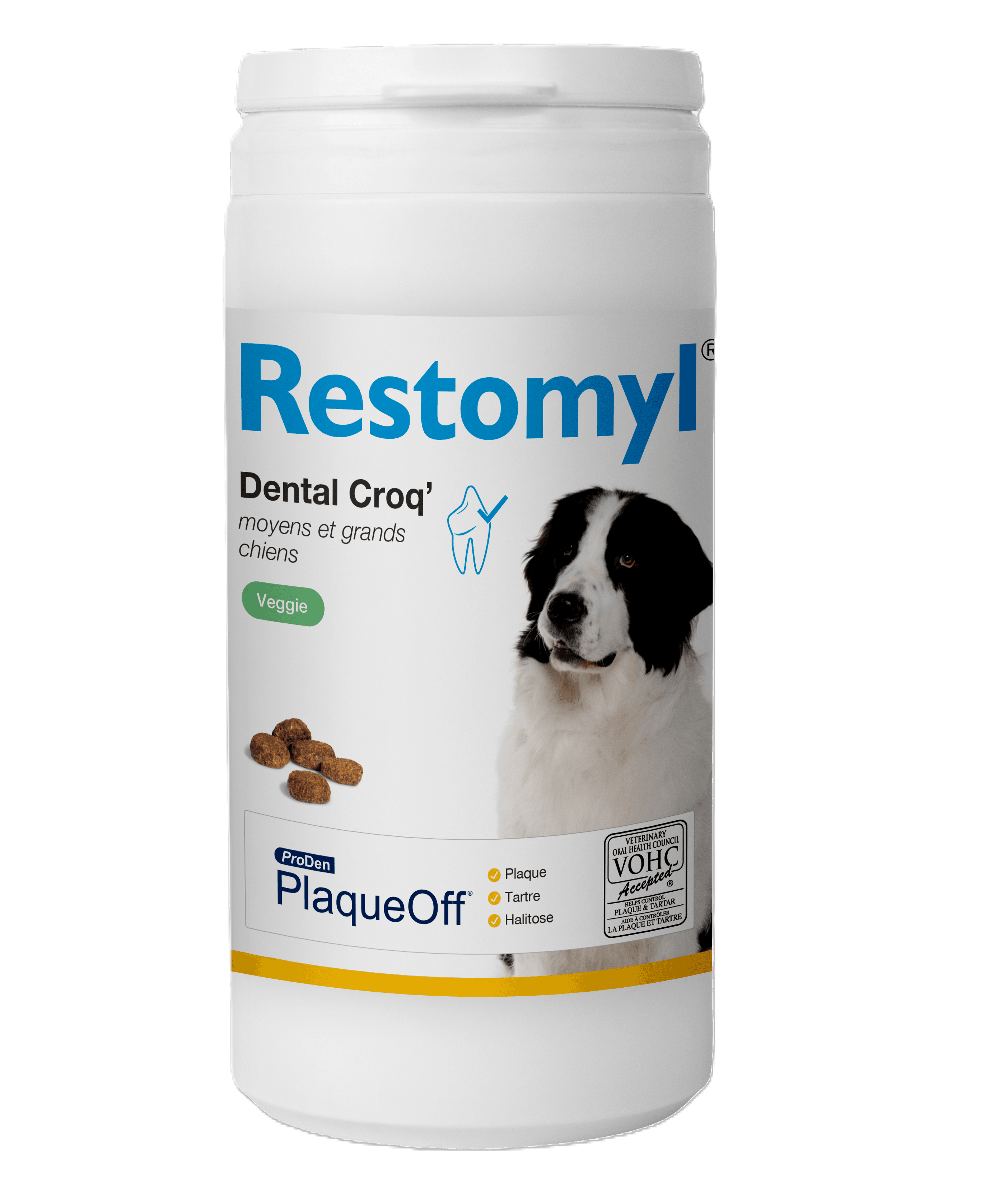 Flacon de 150g de croquettes bucco-dentaires Restomyl PlaqueOff Dental Croq Veggie pour moyen et grand chien.