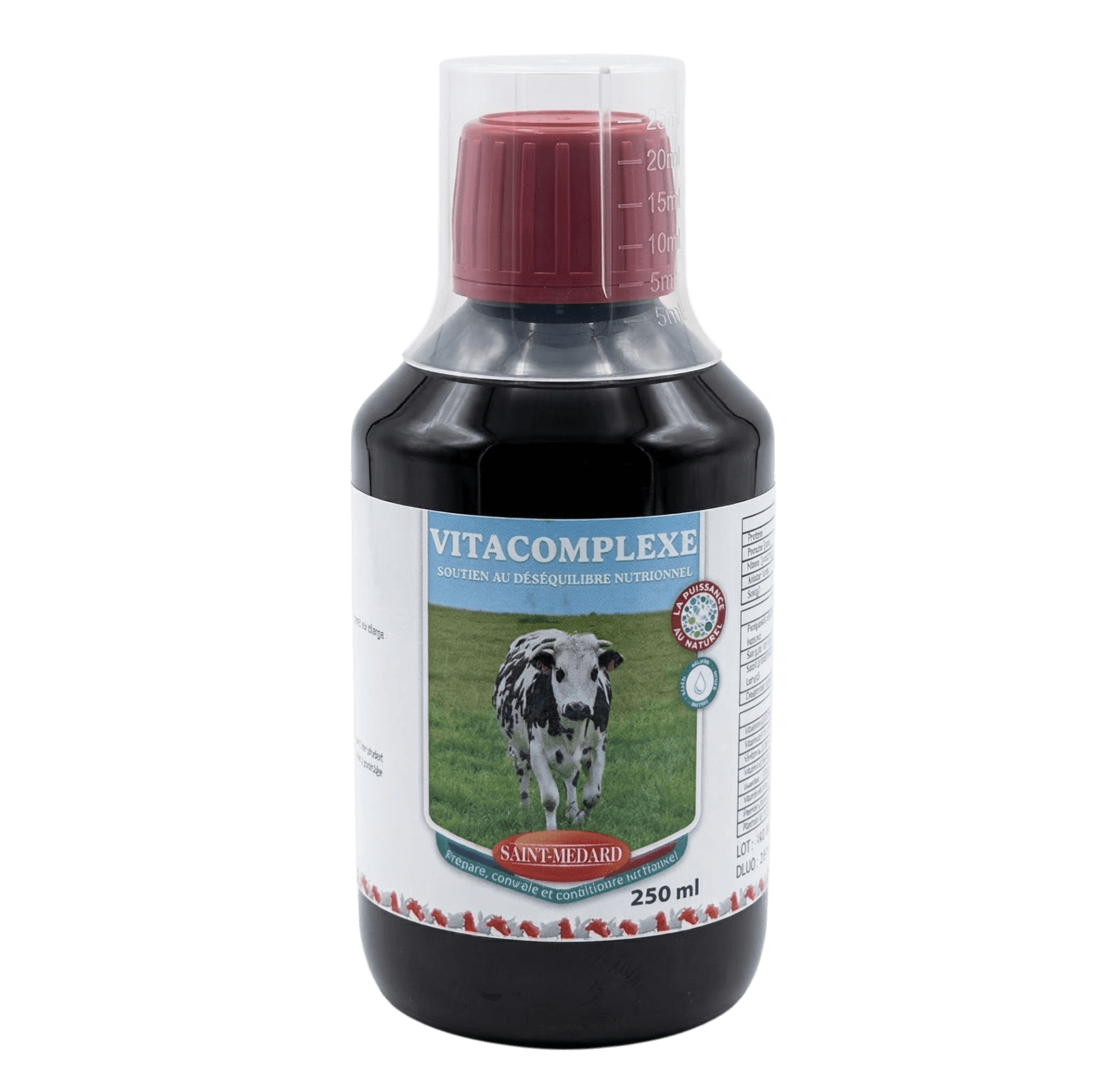 Flacon Vitacomplex 250 ml, complément vitaminé multi-espèces pour volailles, bovins, ovins, caprins, veaux, chevaux et lapins.