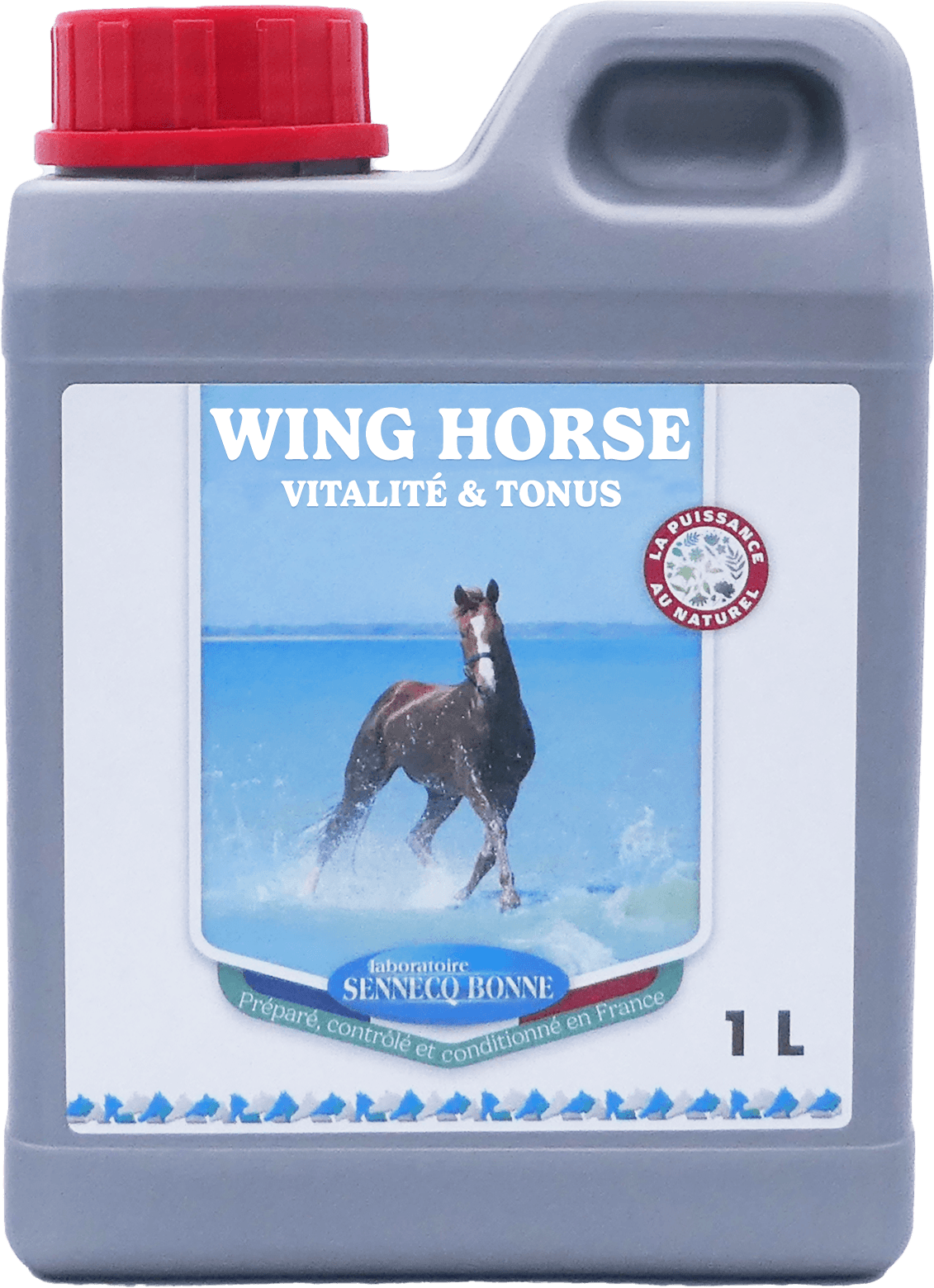 Bidon gris de WING-HORSE 24 du Laboratoire Sennelco Bonne, solution tonique et vitaminée pour chevaux, stimulant la vitalité, la récupération et la résistance à l’effort.
