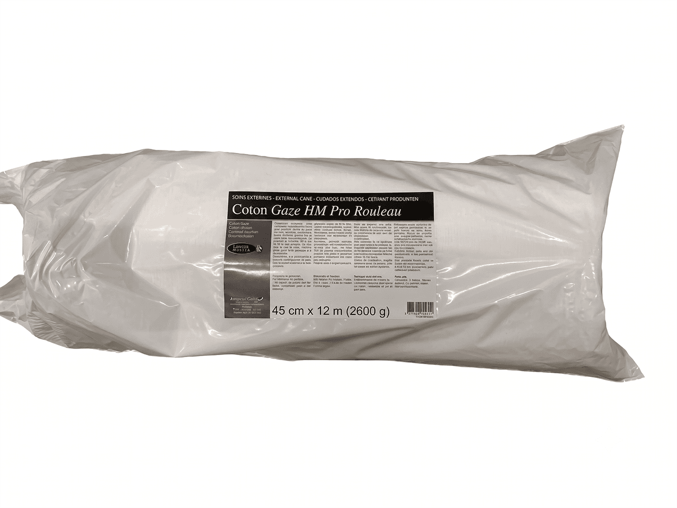 Rouleau de 45 cm x 12 m de Coton Gaze HM PRO sous sachet plastique pour pansements vétérinaires de cheval.
