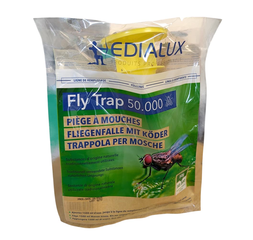 Sac piège à mouches écologique jetable Fly Trap 50 000 Edialux avec cône d'entrée jaune pour utilisation extérieure.