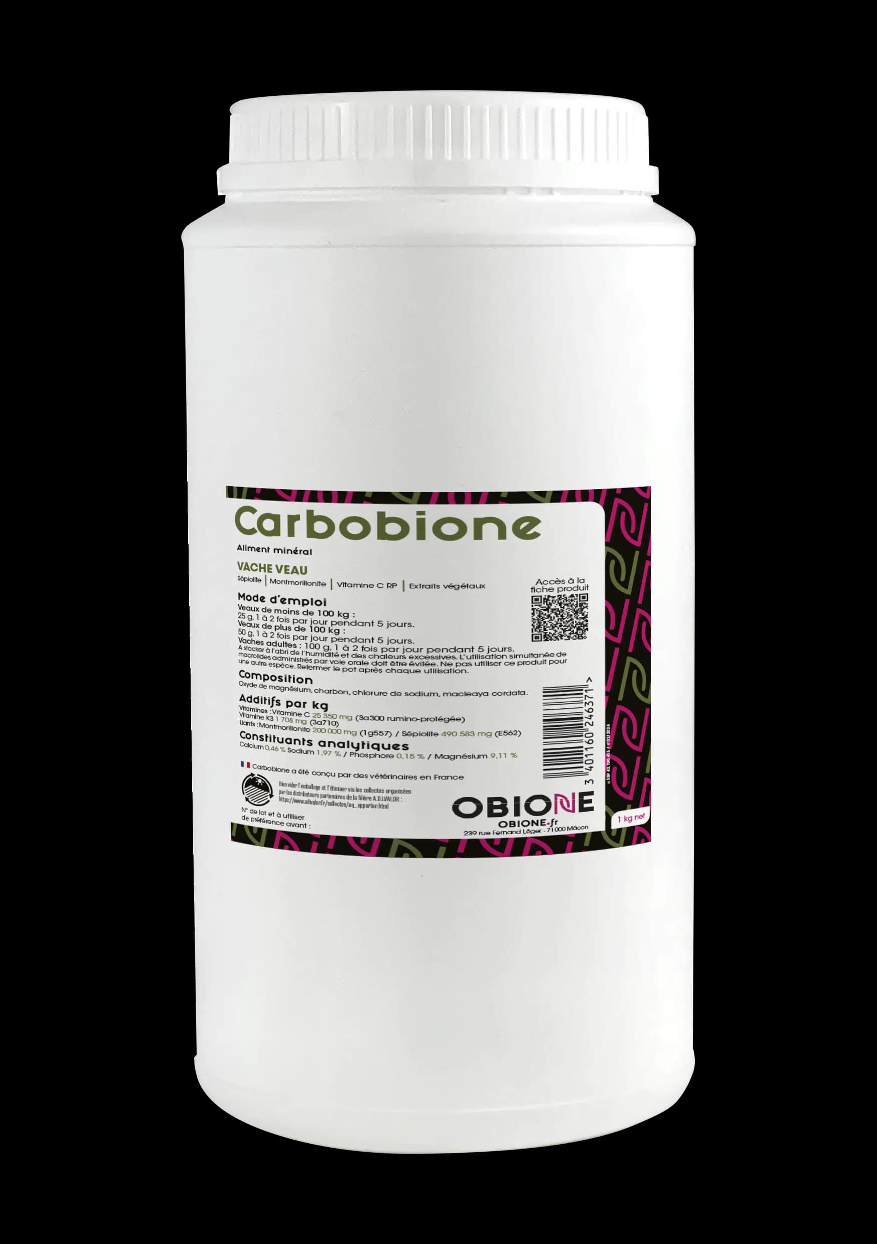 Pot blanc de 1 kg de Carbobione par Obione, aliment minéral vétérinaire pour veaux et vaches à base d'argile, charbon et vitamine C rumino-protégée.