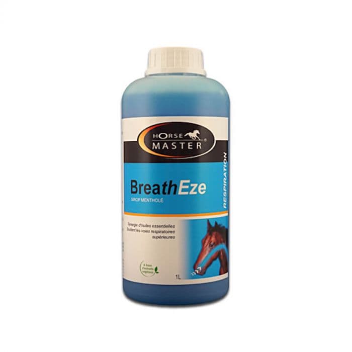 Flacon de 500 ml de sirop mentholé BreathEze Horse Master pour voies respiratoires du cheval.