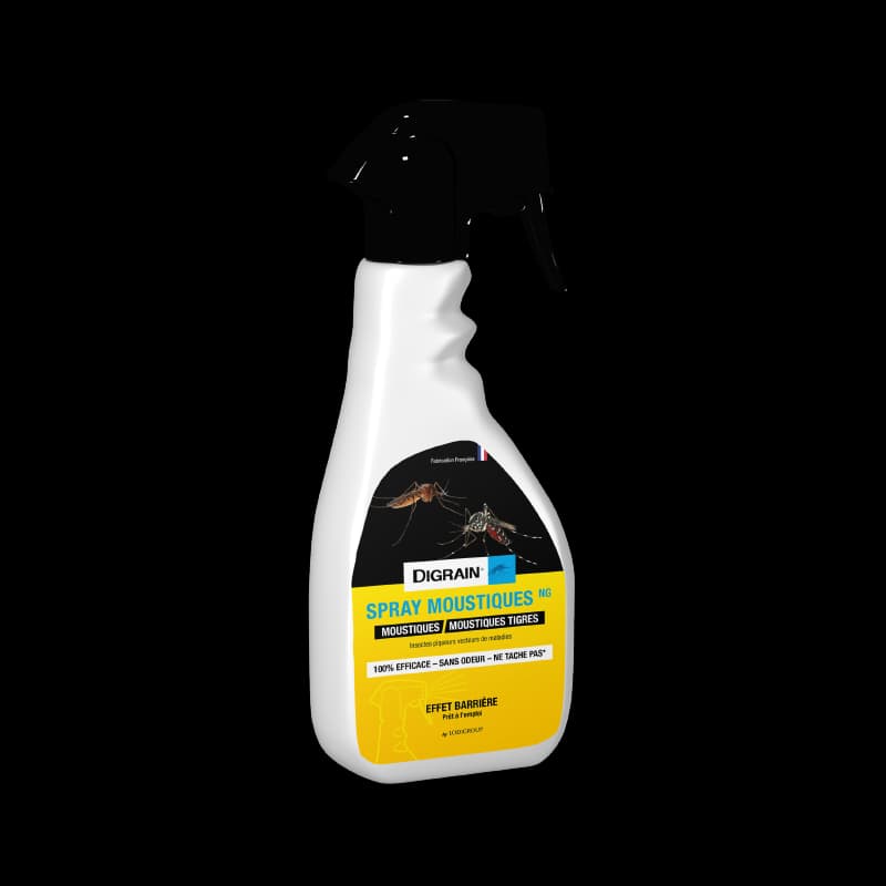 Flacon pulvérisateur blanc de 500 ml Digrain Spray Moustiques et Moustiques Tigres, étiquette jaune et noire indiquant un effet barrière et une mortalité de 100%.