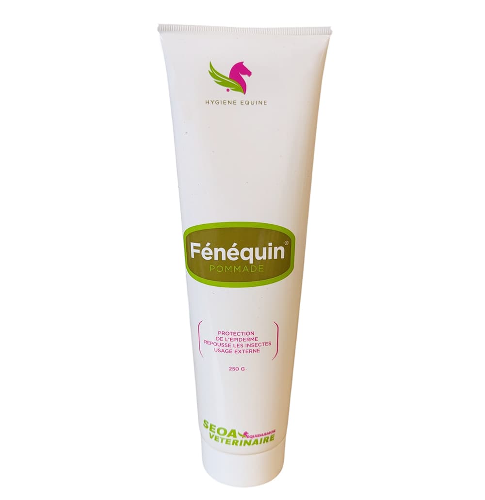 Tube de 250 g de pommade Fénéquin SEOA pour la protection de l'épiderme et le soin de la gale de boue chez le cheval.