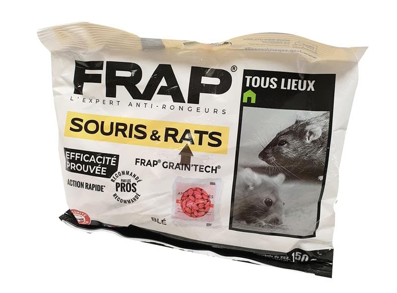Sachet de 150g de rodenticide FRAP GRAIN'TECH à base de grains de blé à la diféthialone pour éliminer les rats et les souris domestiques.