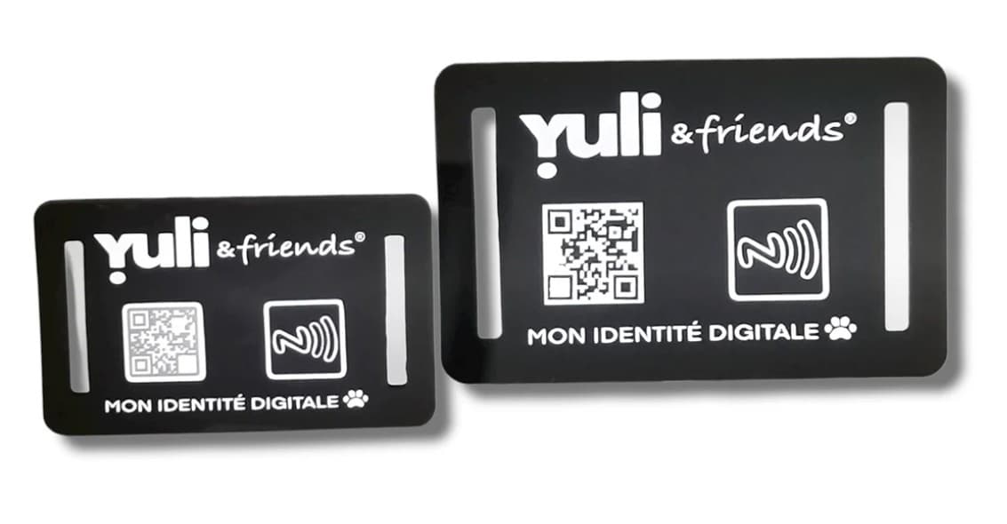 Plaque identification silicone noir Yuli taille S pour chat et petit chien connectée NFC QR code
