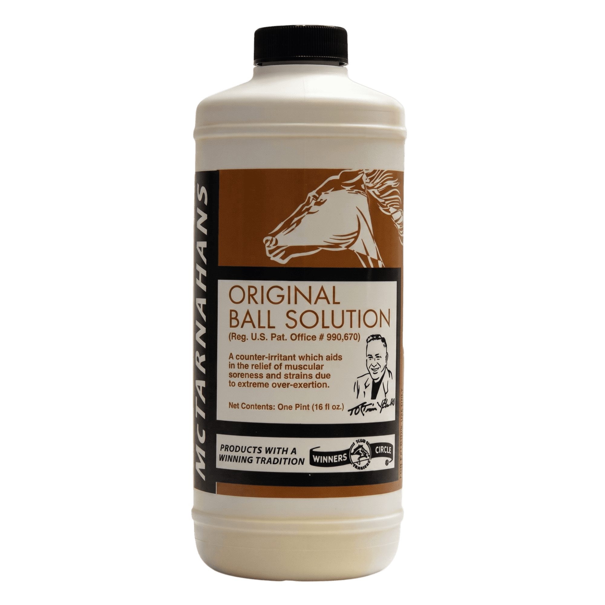 Flacon blanc de 473 ml de lotion chauffante Original Ball Solution McTarnahans pour les tendons du cheval.
