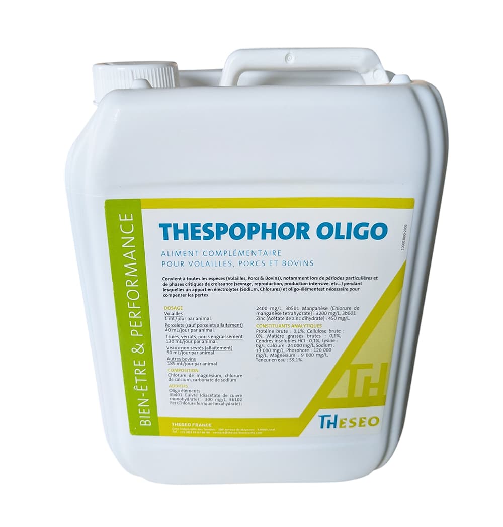 Bidon blanc de 5 litres de THESPOPHOR OLIGO, aliment complémentaire riche en phosphore et électrolytes pour le bien-être et la performance des animaux d'élevage.