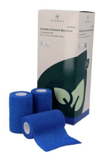 Bande cohésive bleue large 10cm VetNordic pour cheval et grand chien.