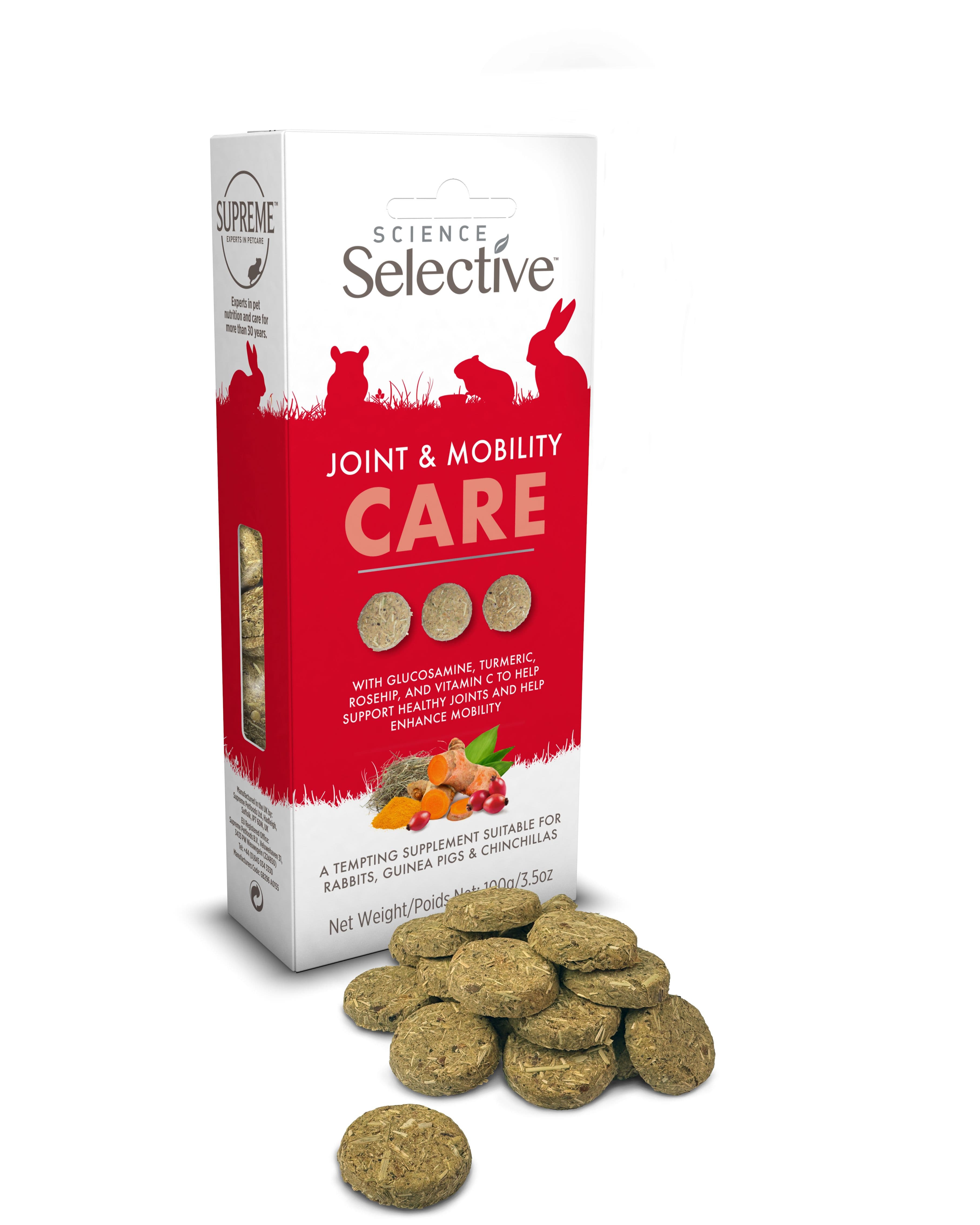 Étui de 100 g de friandises articulations Supreme Science Selective Care Joint & Mobility avec rondelles de foin, glucosamine, curcuma et cynorhodon.