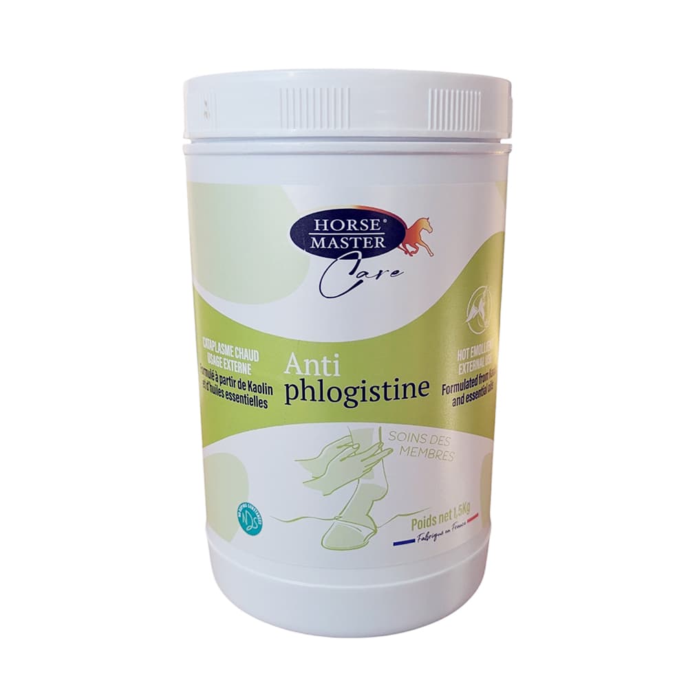 Pot blanc de 1,5 kg de cataplasme d'argile kaolin Antiphlogistine Horse Master pour les membres du cheval.