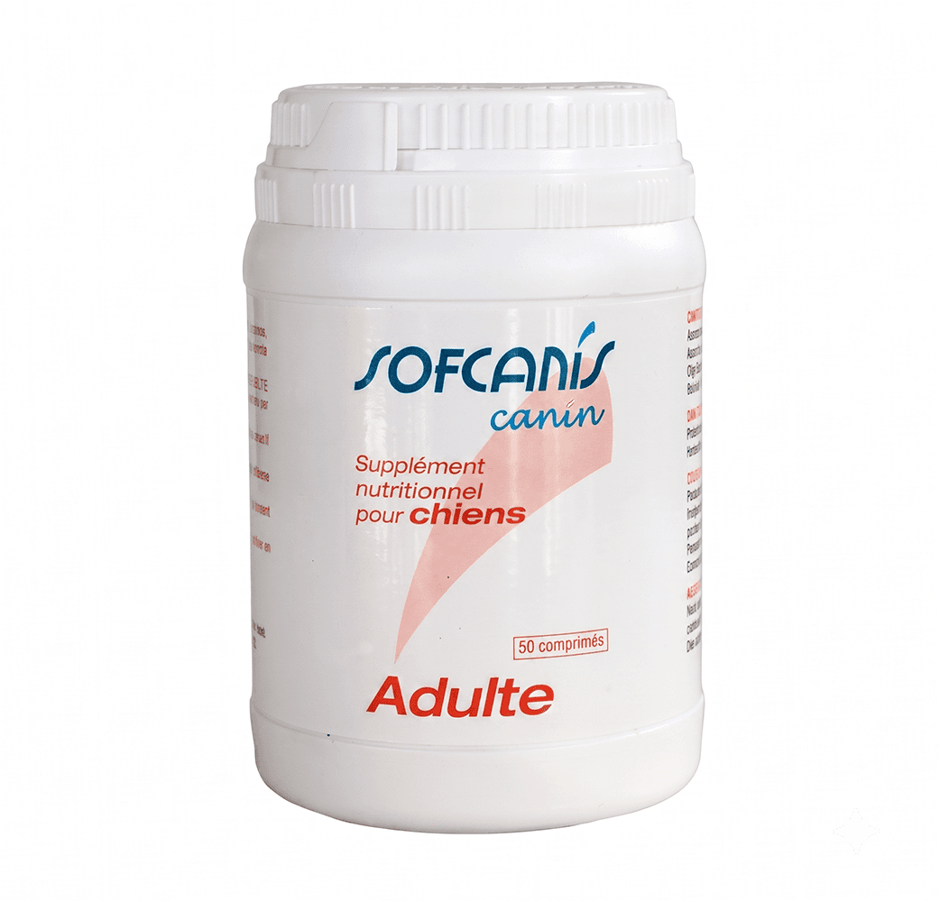 Flacon pilulier blanc de 50 comprimés de supplément nutritionnel Sofcanis Canin Adulte pour la vitalité du chien.