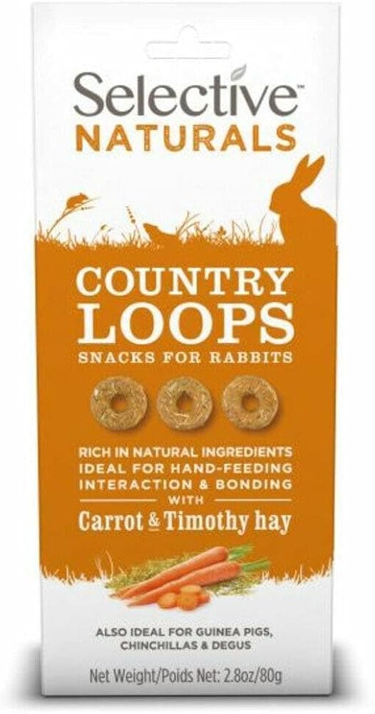 Paquet de 80 g de friandises Supreme Selective Naturals Country Loops au foin de phléole et carotte.