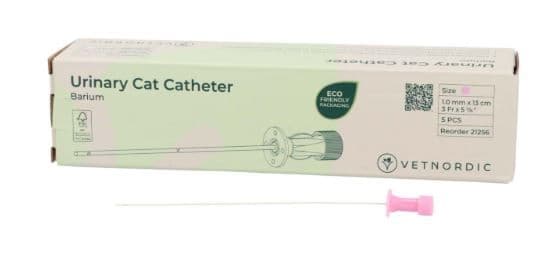 Boîte de 5 cathéters urinaires roses pour chat Vetnordic 3Fr, 13cm, radio-opaques au baryum avec embase de suture.