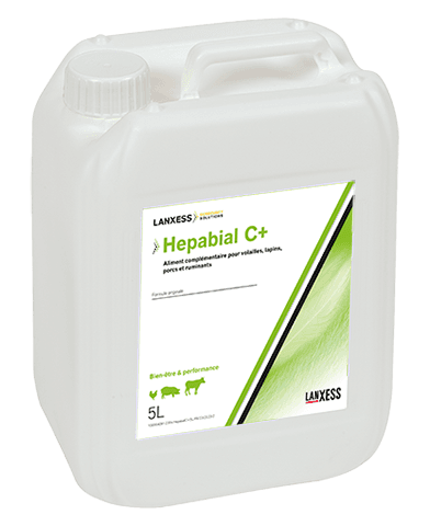 Bidon blanc de 5 litres d'HEPABIAL C+ de THESEO, aliment complémentaire pour le soutien hépatique et la digestion des lipides chez les volailles, lapins et ruminants.