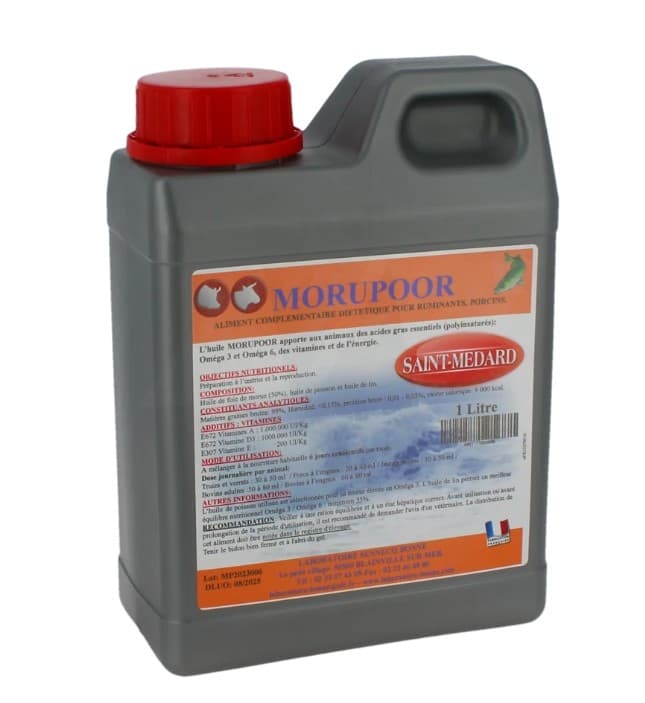 Bidon 1L Morupoor Saint-Médard huile de foie de morue et lin pour bovins et porcs