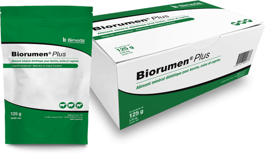 Boîte carton et sachet unitaire de 125 g de complément minéral diététique Biorumen Plus Bimeda pour bovins, ovins et caprins.
