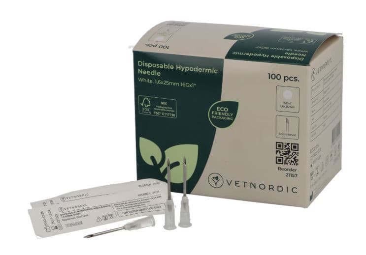 Boîte de 100 aiguilles hypodermiques VetNordic 16G blanches 25mm, packaging écologique.