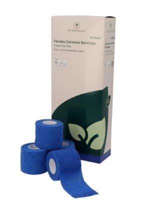 Bande cohésive bleue VetNordic 5cm flexible et sécable à la main pour chien et chat.