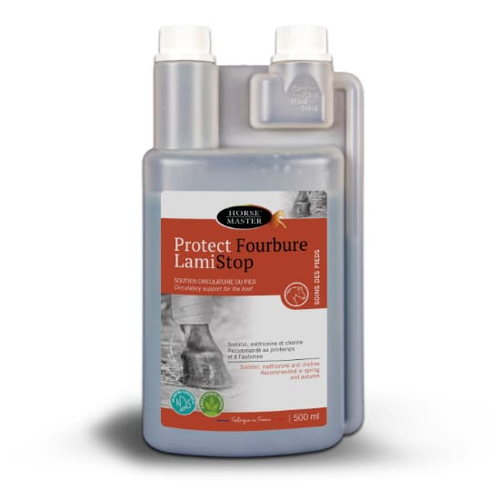 Flacon doseur de 500 ml de liquide Protect Fourbure LamiStop Horse Master pour le soutien circulatoire du pied du cheval.