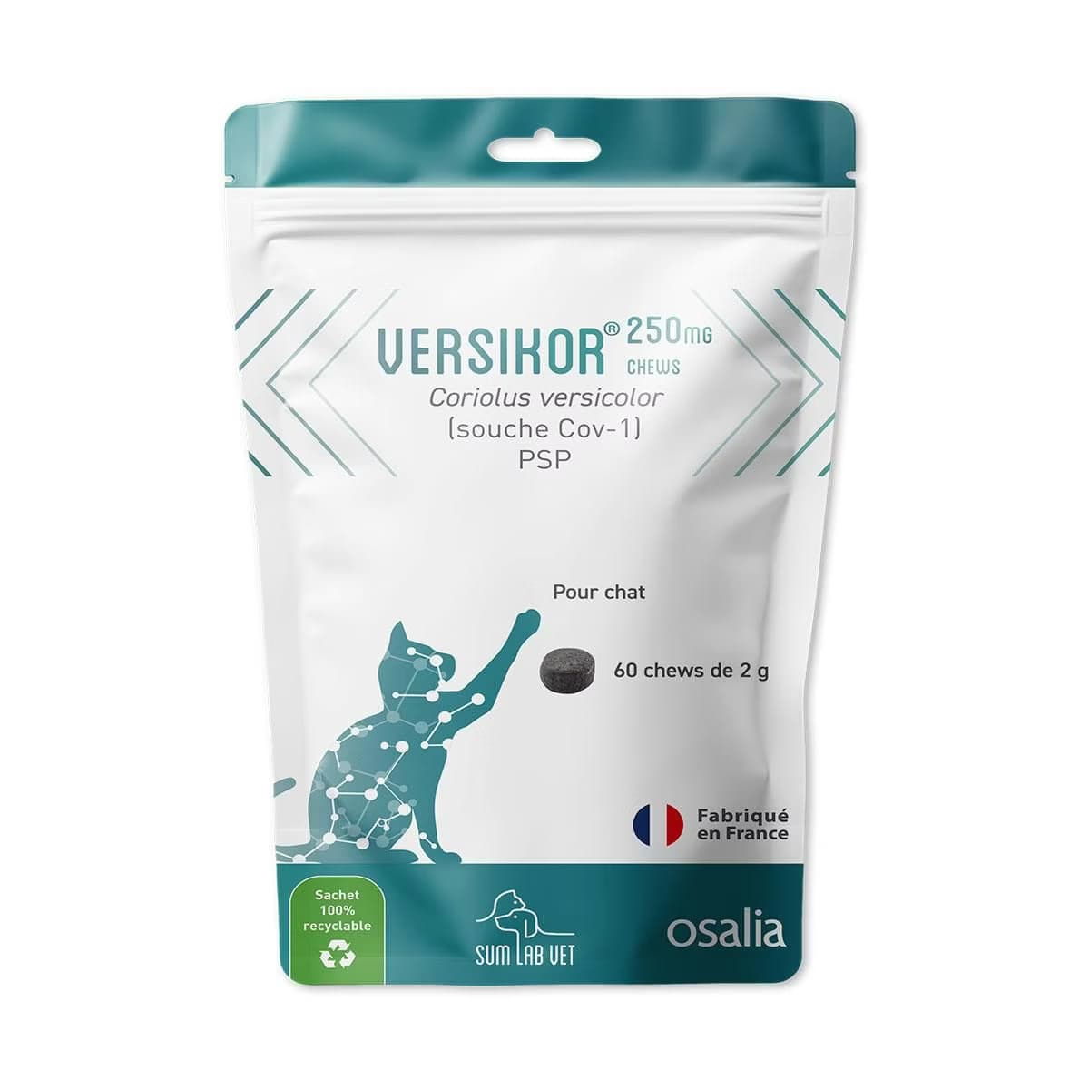 Sachet blanc et turquoise de VERSIKOR 250 Chat d'Osalia, contenant 60 bouchées appétentes (chews) de 2g pour le soutien immunitaire à base de Coriolus versicolor.