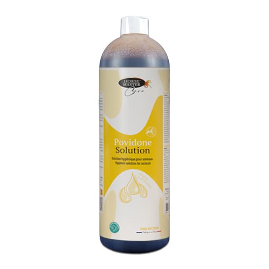 Grand flacon de 946 ml de Povidone Solution 10 % Horse Master Care avec bouchon verseur.
