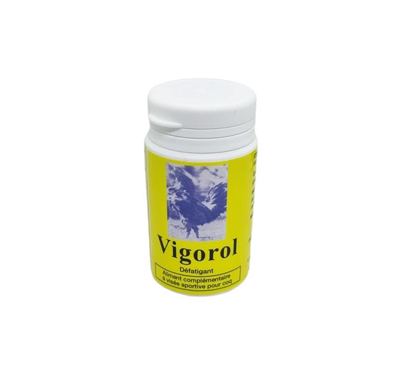 Boîte de comprimés Vigorol, aliment complémentaire défatigant et tonique pour coqs de combat et pigeons.