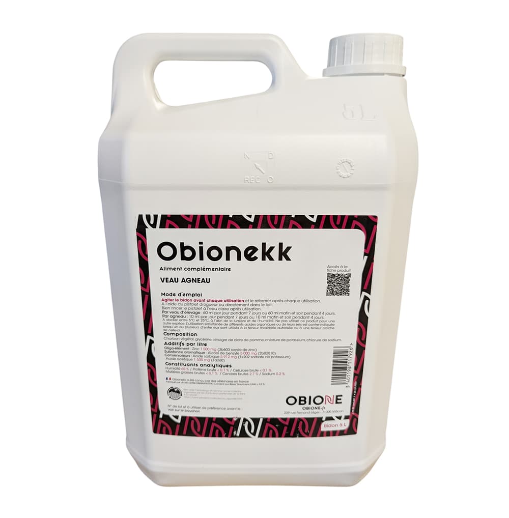 Bidon de 5L Obionekk Obione, aliment complémentaire au charbon végétal et zinc pour veau et agneau.