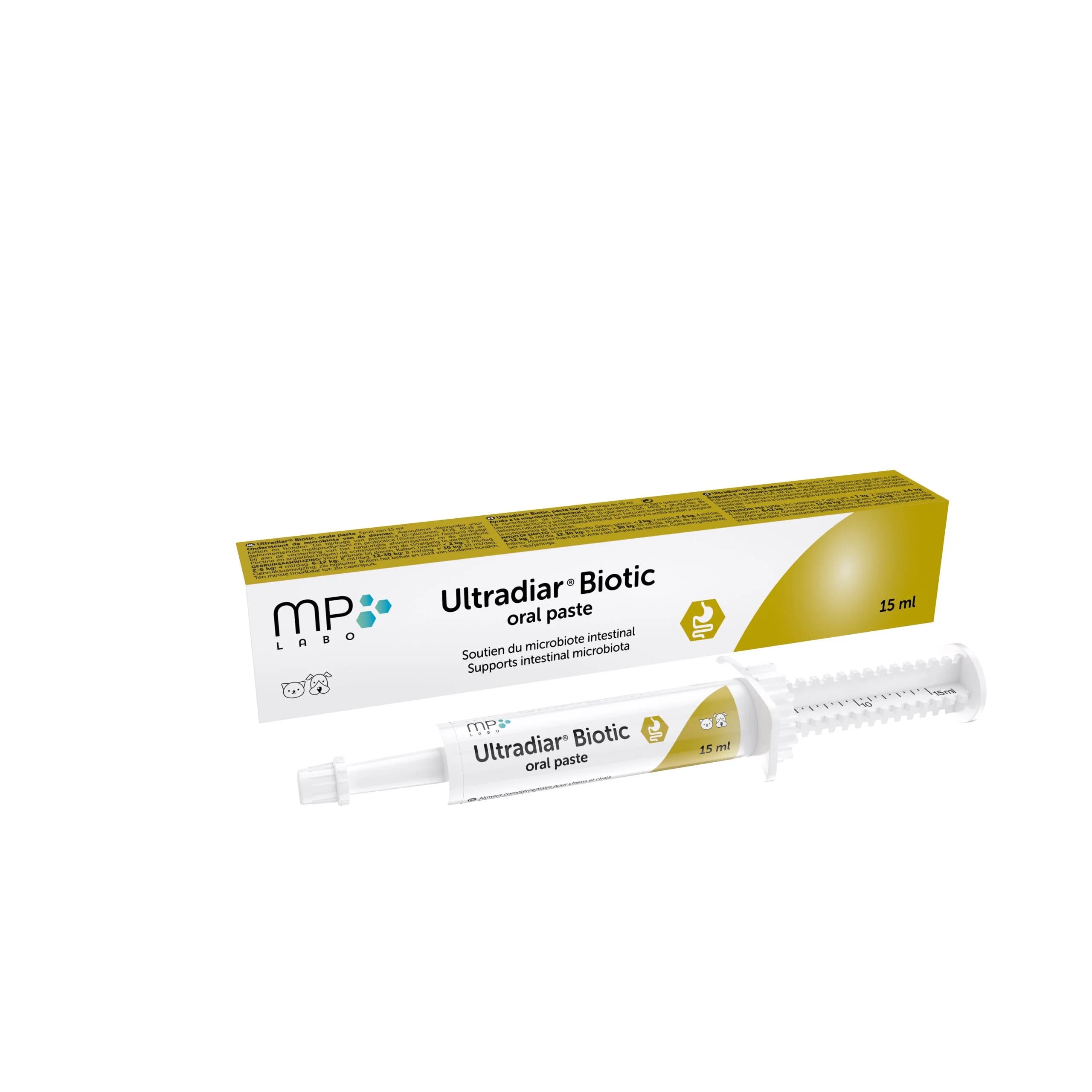 Seringue pâte orale Ultradiar Biotic MP Labo 15ml pour digestion chien et chat