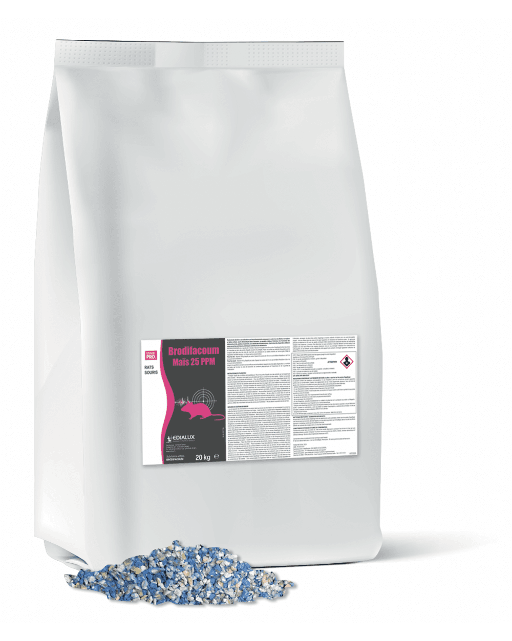 Sac de 20 kg de Brodifacoum Maïs 25 PPM Edialux, appât raticide et souricide professionnel sur support de maïs concassé pour milieux agricoles.