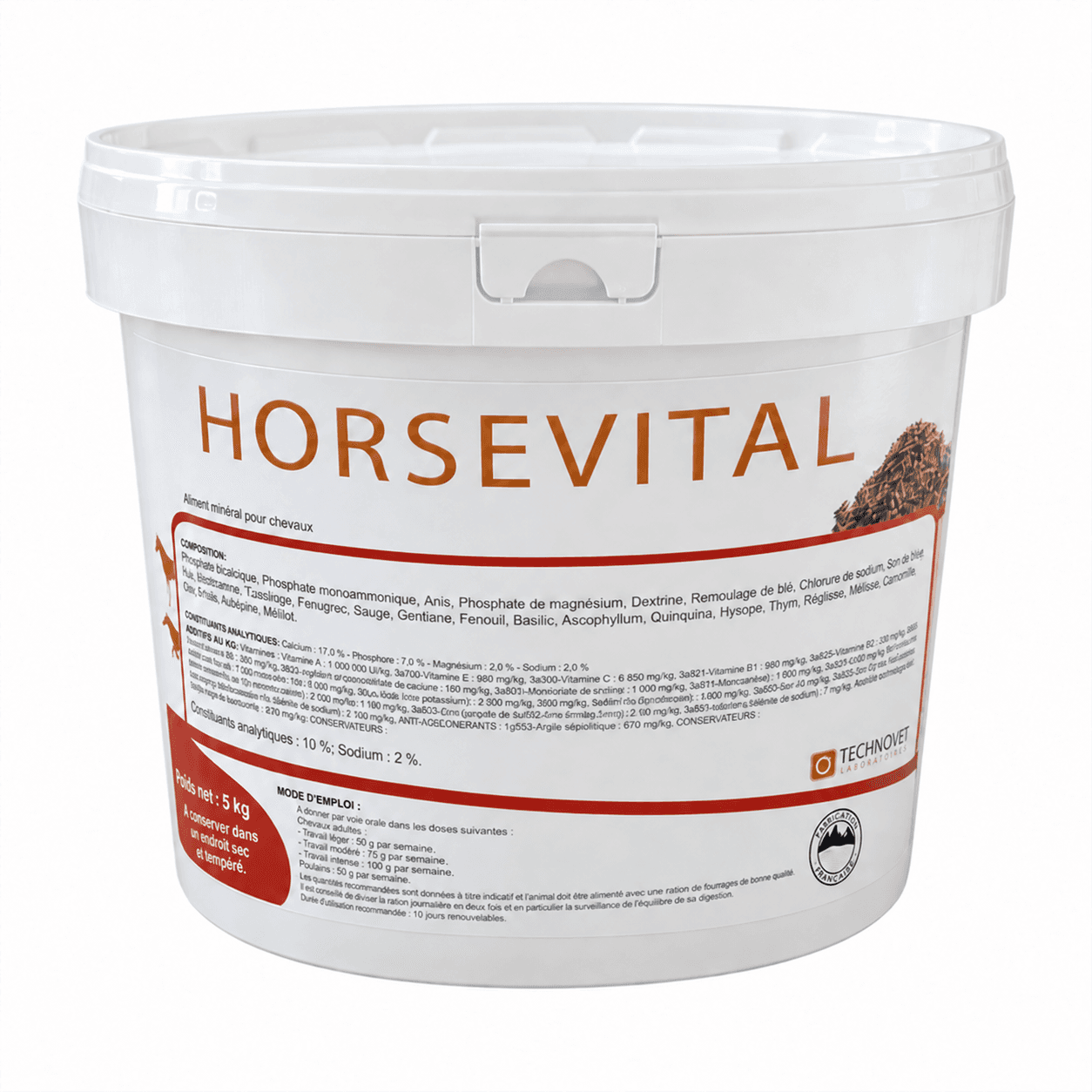 Seau blanc de 4,5 kg de complément minéral et vitaminé Horsevital de Technovet pour chevaux.