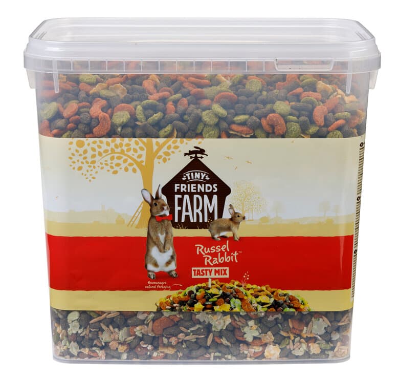 Seau hermetique transparent 4kg d'aliment complet pour lapin Tiny Friends Farm Russel Rabbit Tasty Mix.