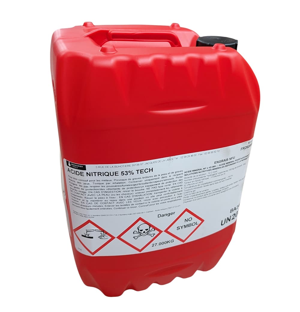 Bidon rouge de 27 kg d'Acide Nitrique 53% Tech Stockmeier France, régulateur de pH et engrais minéral NF U 42-005.
