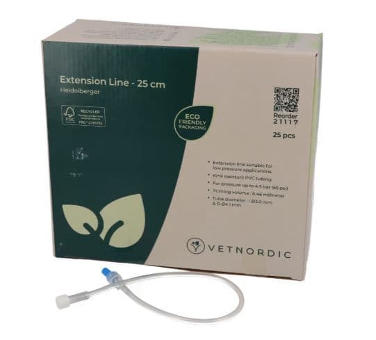 Boîte de 25 prolongateurs Heidelberger Vetnordic de 25 cm avec tubulure courte en PVC et connecteur Luer bleu.