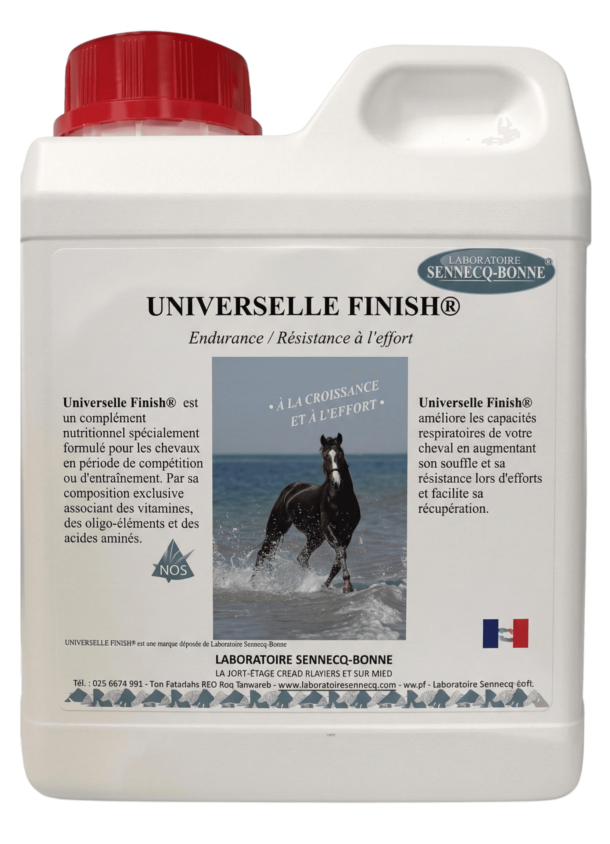 Bidon blanc de 1 litre d'Universelle Finish® par le Laboratoire Sennecq Bonne, complément liquide pour l'endurance et la résistance à l'effort du cheval.