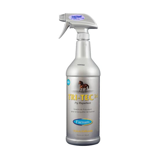 Flacon spray gris TRI-TEC 14 Farnam de 600 ml, insecticide polyvalent pour chevaux efficace 14 jours contre les mouches et tiques.