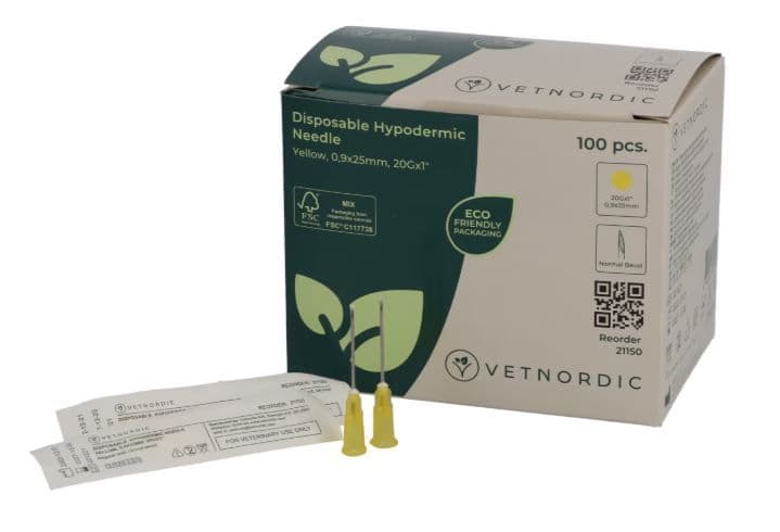 Boîte de 100 aiguilles hypodermiques VetNordic 20G Jaune 25mm, pour IV et prélèvements.