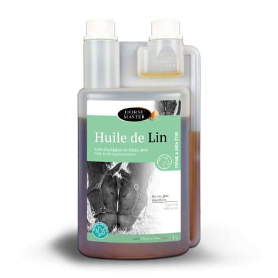 Flacon doseur transparent de 1 Litre d'Huile de Lin Horse Master pour le poil et la digestion du cheval.