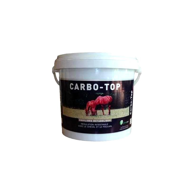 Seau blanc de 1 kg de CARBO-TOP par Greenpex, aliment complémentaire pour la régulation intestinale et l'équilibre métabolique chez le cheval et le poulain.