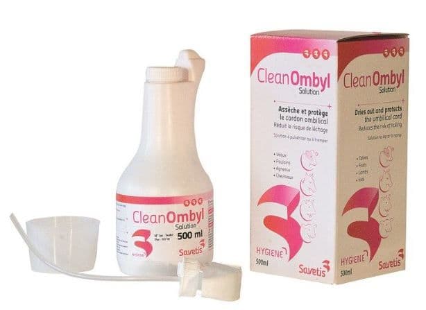 Flacon CleanOmbyl Savetis 500 ml – solution pour assécher et protéger le cordon ombilical des veaux, agneaux et chevreaux.