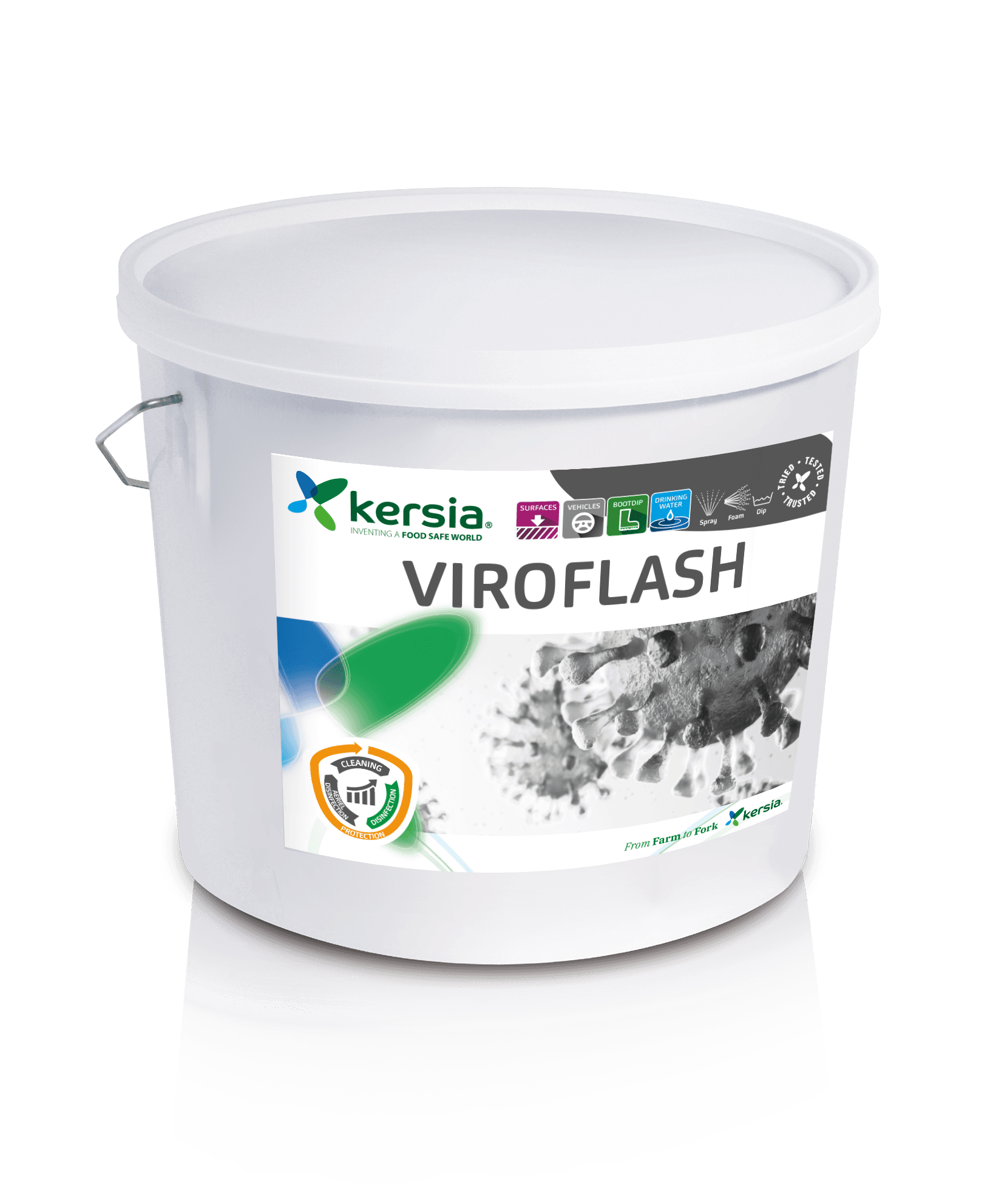 Seau de 5 kg de désinfectant professionnel VIROFLASH, poudre concentrée virucide et bactéricide pour l'élevage et l'agroalimentaire.